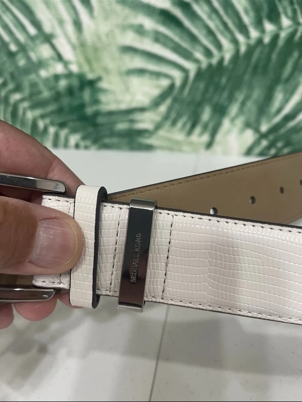 Michael Kors White Textured Leather Belt with Silver Buckle
